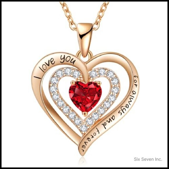 Double Heart Birthstone Necklace Elegant Personalized Gift for Her - Picture 2 of 8